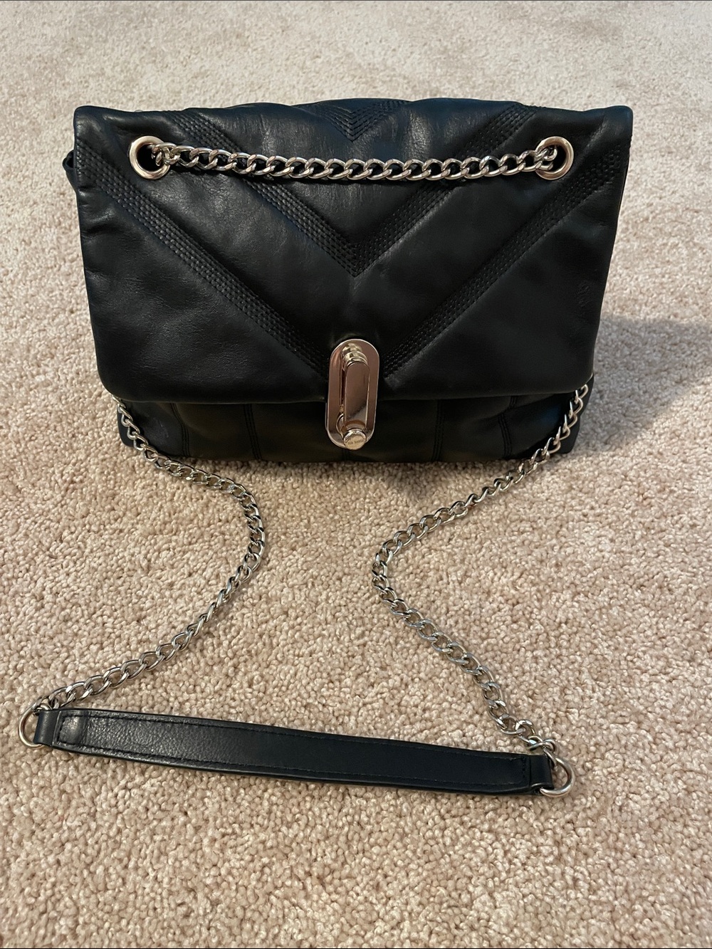 Ted Baker London Black Quilted Leather Crossbody with Silver Chain Strap